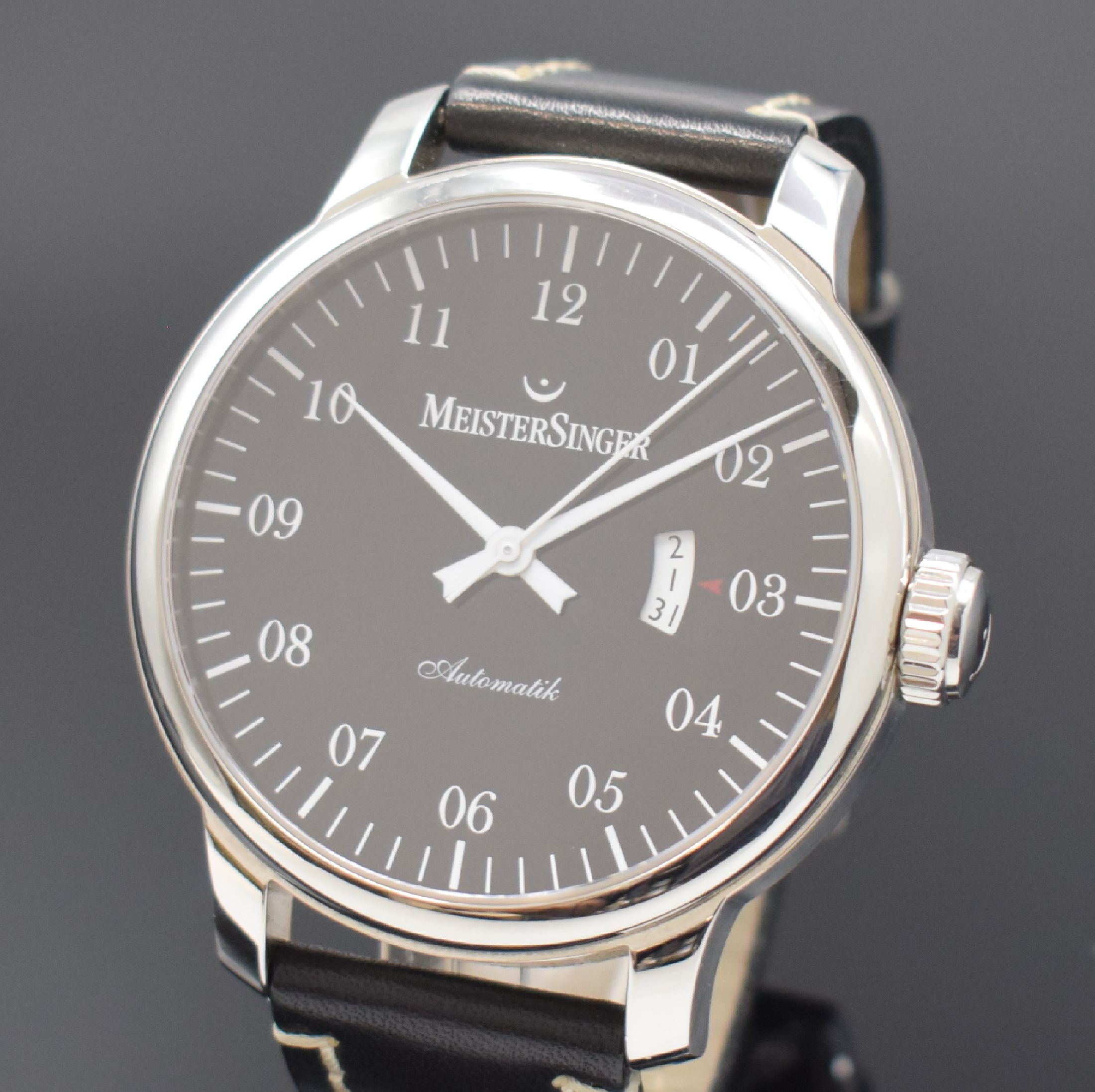 Detail a: MEISTERSINGER Herrenarmbanduhr Gran Matic in Edelstahl Referenz GM202, Schweiz um 2010, Automatik, orig. Lederband m. orig. Dornschl., Boden 6-fach ...