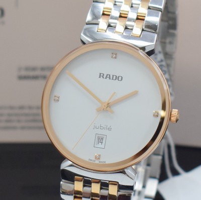 26639356a - RADO ladies wristwatch series Florence reference R48912723, quartz, stainless steel case including bracelet with butterfly buckle partial gold-plated, sapphire crystal, snap on case back, silvered dial with 4 applied diamond indices, display of hours, minutes, sweep seconds & date, diameter approx. 38 mm, length approx. 21 cm, original box & blank papers, condition 1-2