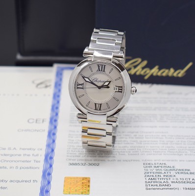 Image CHOPARD ladies wristwatch series Imperiale reference 388532-3002, stainless steel case including bracelet with butterfly buckle, quartz, jeweled crown with Amethyst, silvered duoton-dial, display of hours, minutes, sweep seconds & date, diameter approx. 36 mm, length approx. 19 cm, original box & papers, condition 1-2
