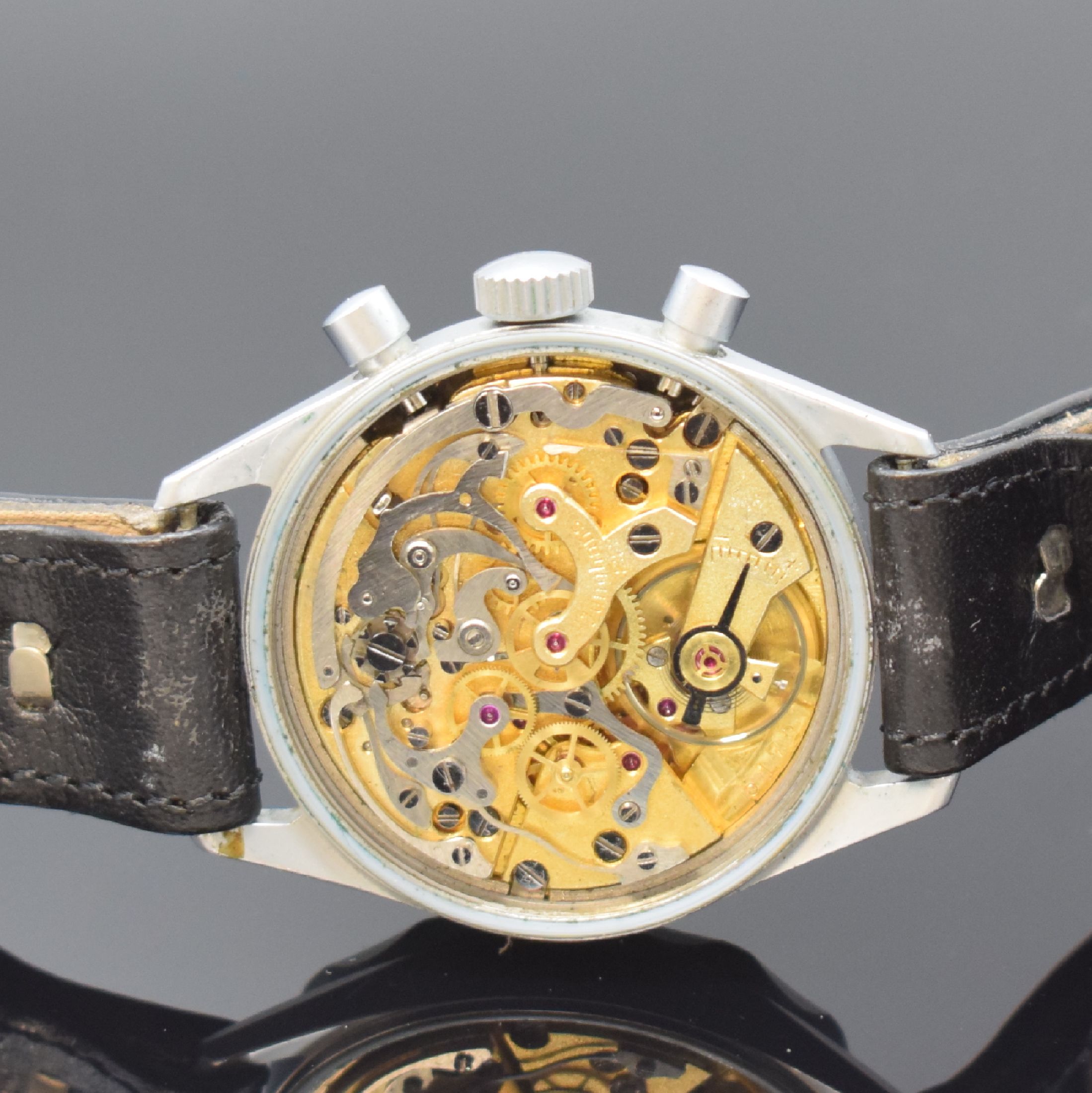 Detail e: JUNGHANS Fliegerchronograph der Bundeswehr mit Kaliber 88, Deutschland um 1960, Handaufzug, matt verchr. Geh., Drehlünette m. 60er Teilung, geschr. ...