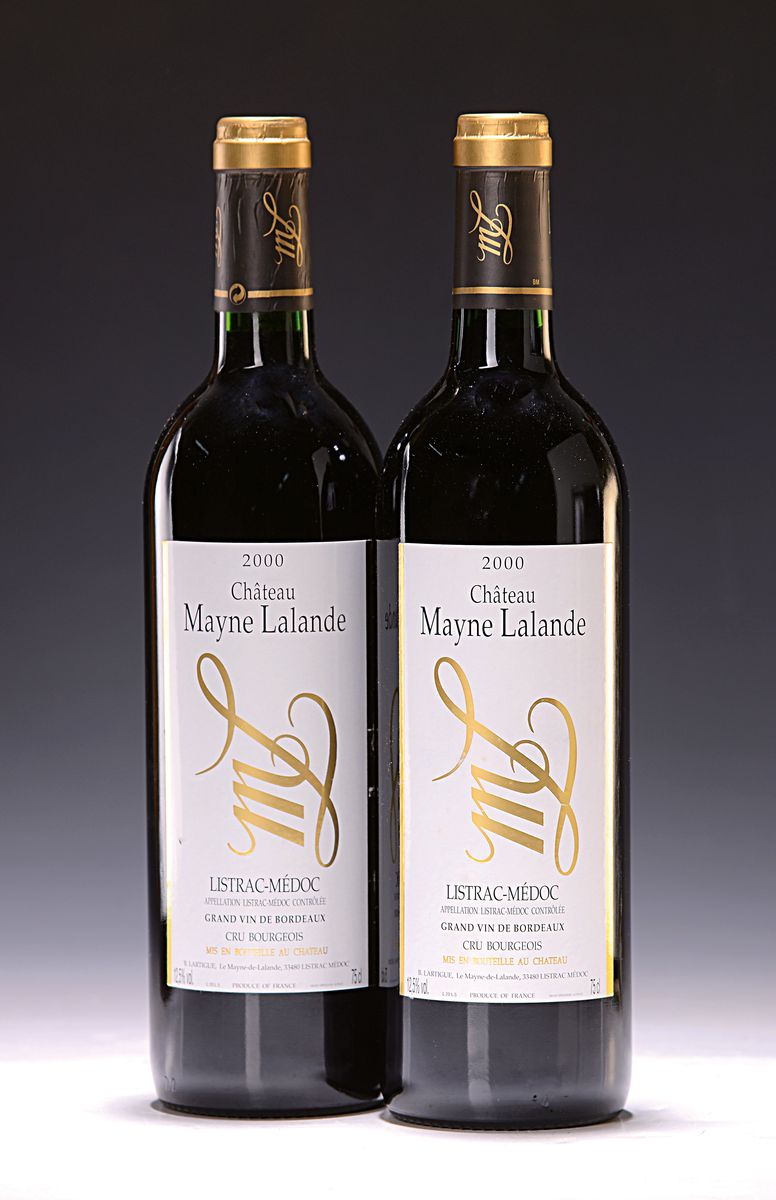 6 Flaschen 2000 Chateau Mayne Lalande, Listrac-Medoc, ca. 750ml, 12,5% Vol., Into Neck/High Fill