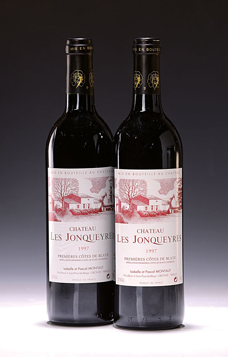 6 Flaschen 1997 Chateau Les Jonqueyres, Cotes de Blaye, Isabelle et Pascal Montaut, ca. 750ml, 13% Vol., High Fill