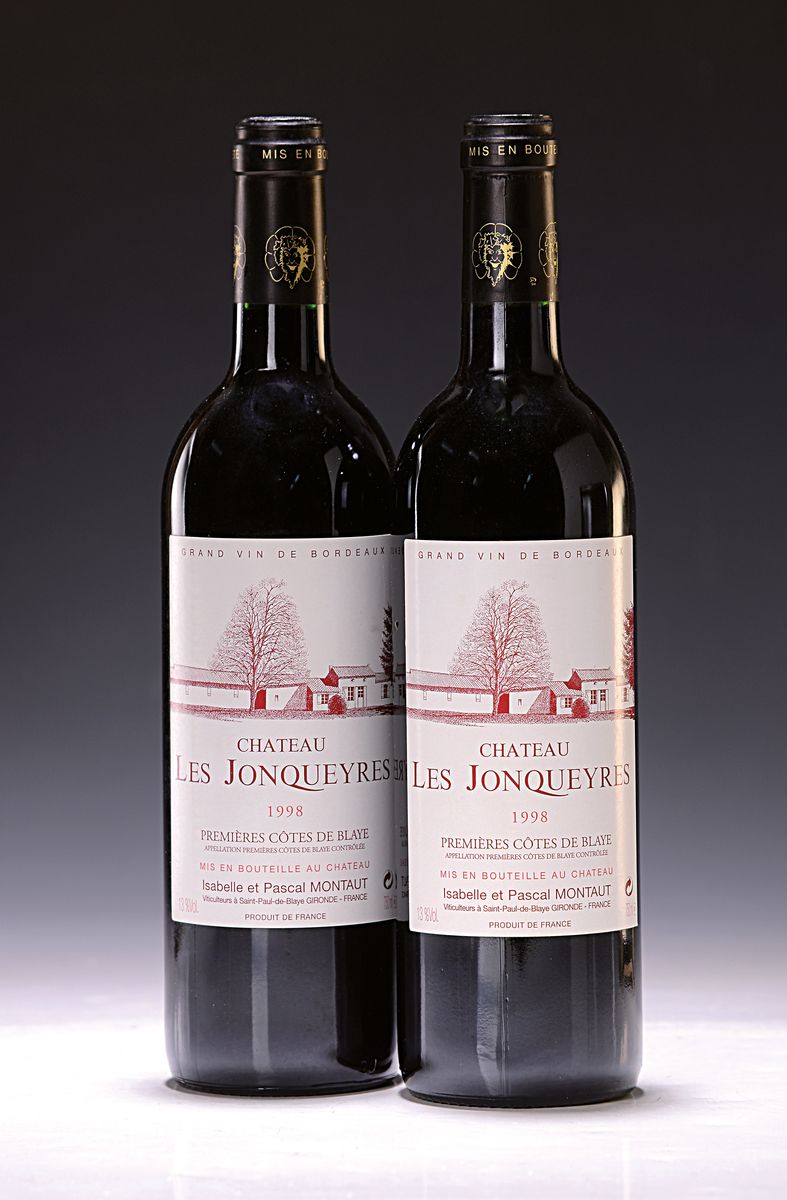 6 Flaschen 1998 Chateau Les Jonqueyres, Cotes de Blaye, Isabelle et Pascal Montaut, ca. 750ml, 13% Vol., High Fill, Kapsel z.T. l. berieben