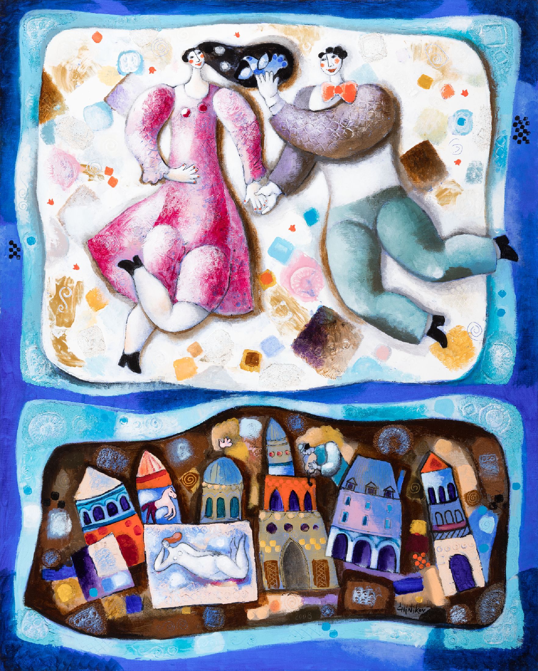 Stephan Chinikov, geb. 1969 Tunesien, Promenade Romantique, Acryl Lwd, collagiert, signiert, rückseitig betitelt, ca. 80x65cm