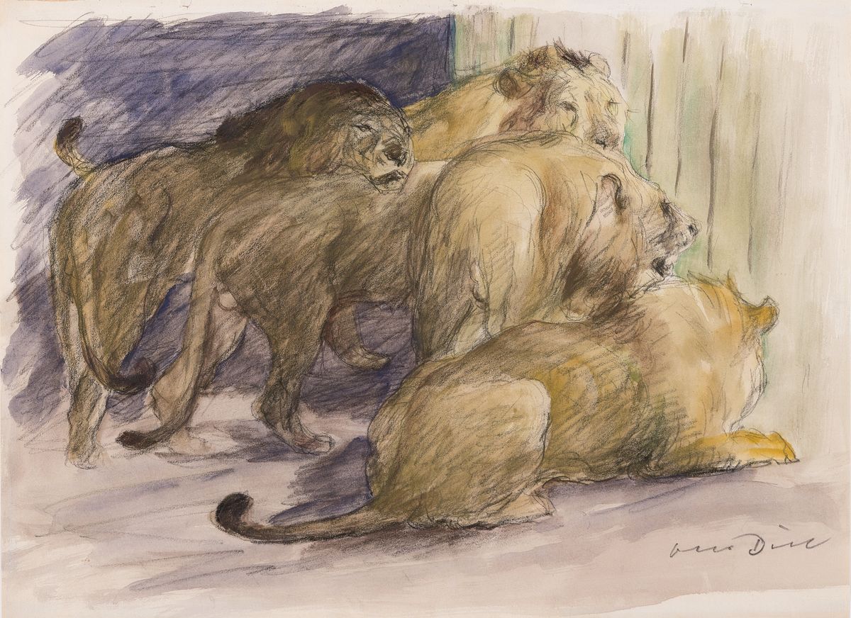 Otto Dill, 1884 Neustadt a.d. Weinstraße-1957 Bad Dürkheim, 5 Löwen im Gehege, Aquarell über Bleistift, rechts unten signiert, ca. 31x43cm, ...