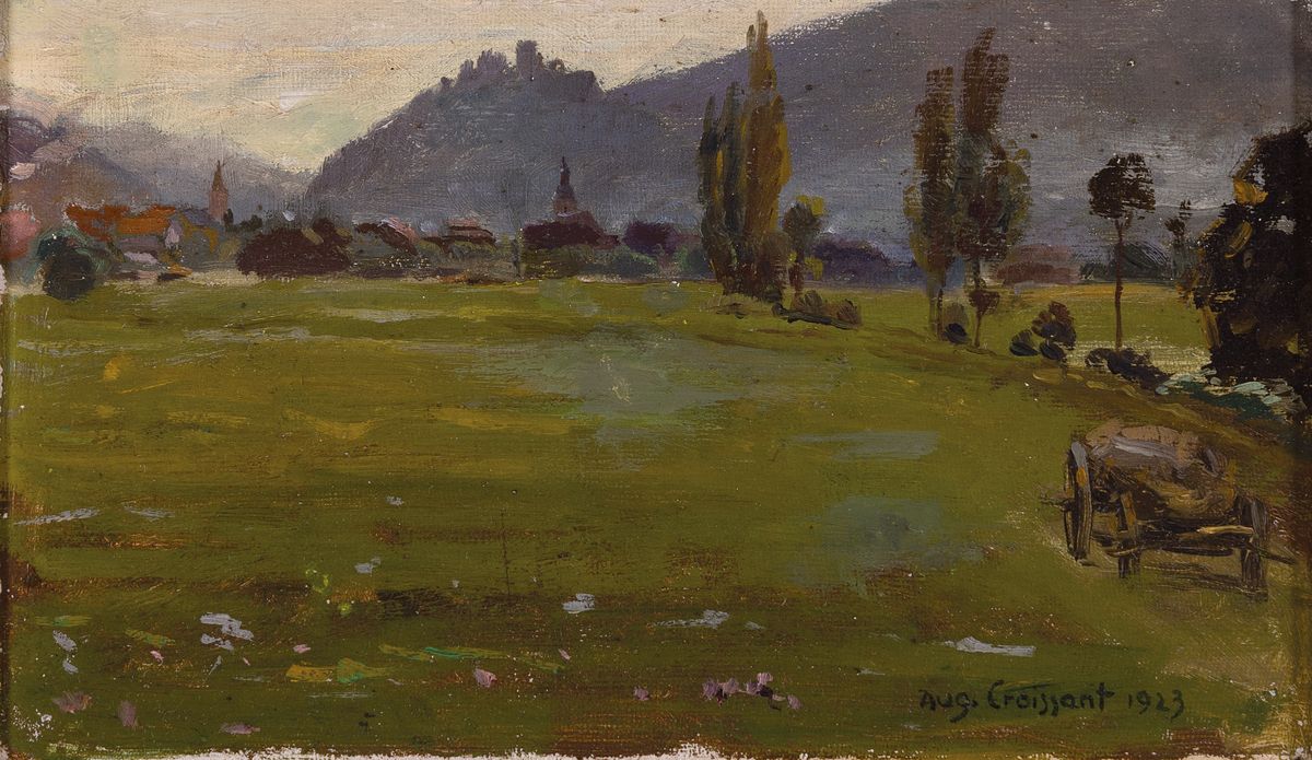 August Croissant, 1870 Edenkoben-1941 Landau, Landschaft in der Pfalz, wohl Blick auf Burg Landeck, Öl/Malkarton, rechts unten signiert und dat. ...