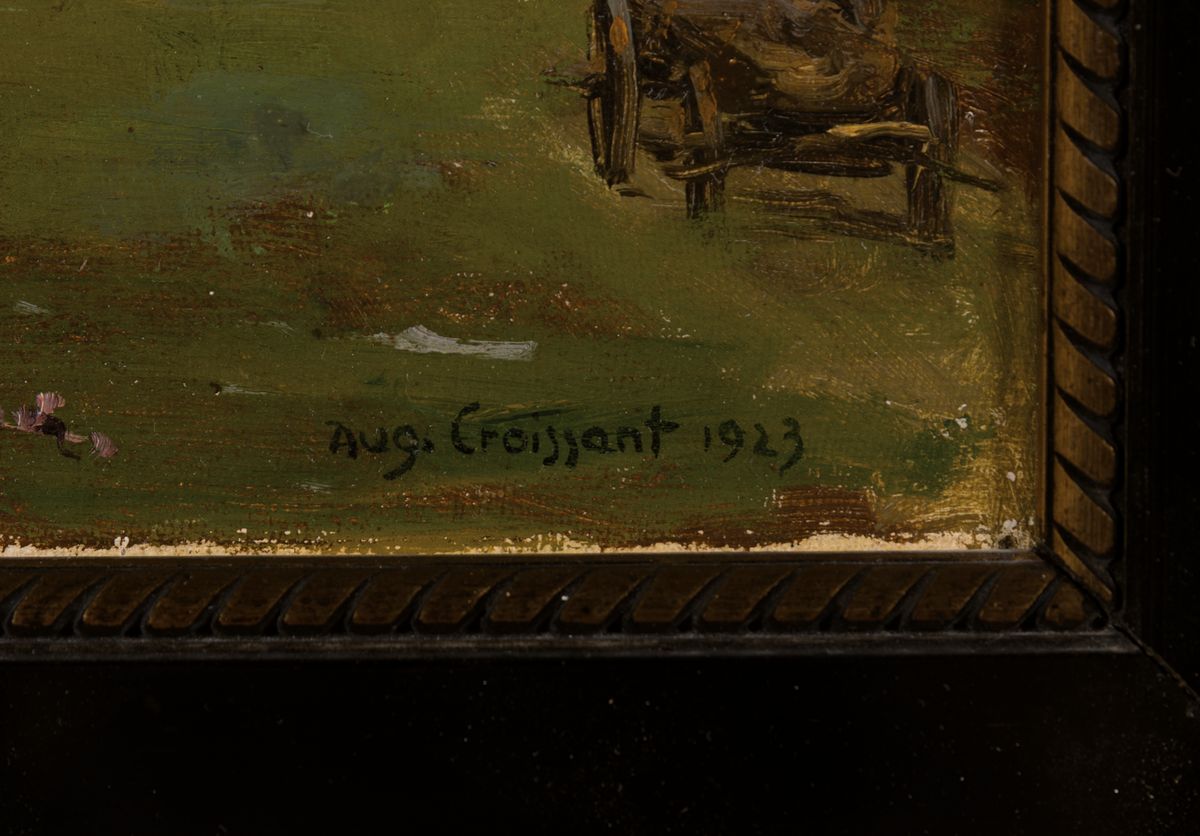 Detail a: August Croissant, 1870 Edenkoben-1941 Landau, Landschaft in der Pfalz, wohl Blick auf Burg Landeck, Öl/Malkarton, rechts unten signiert und dat. ...