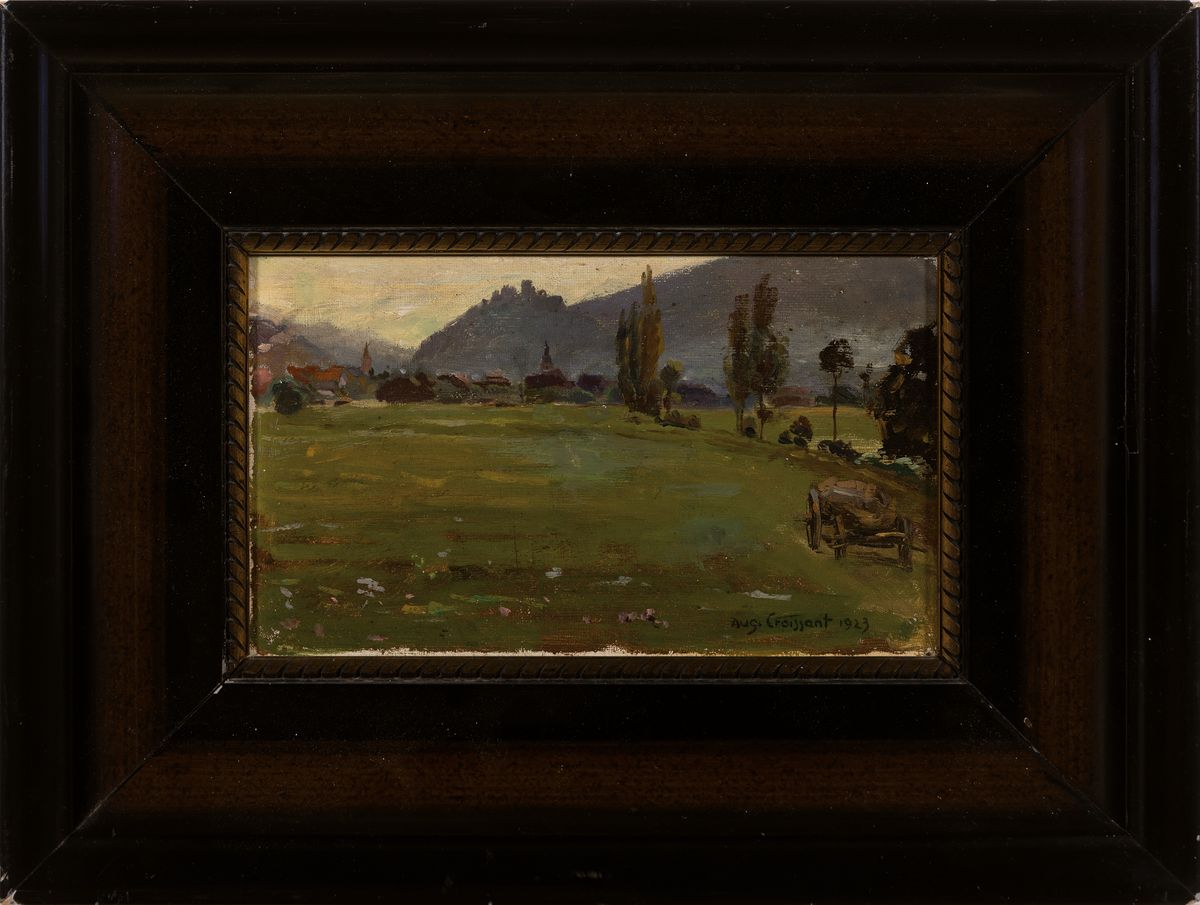 Detail k: August Croissant, 1870 Edenkoben-1941 Landau, Landschaft in der Pfalz, wohl Blick auf Burg Landeck, Öl/Malkarton, rechts unten signiert und dat. ...