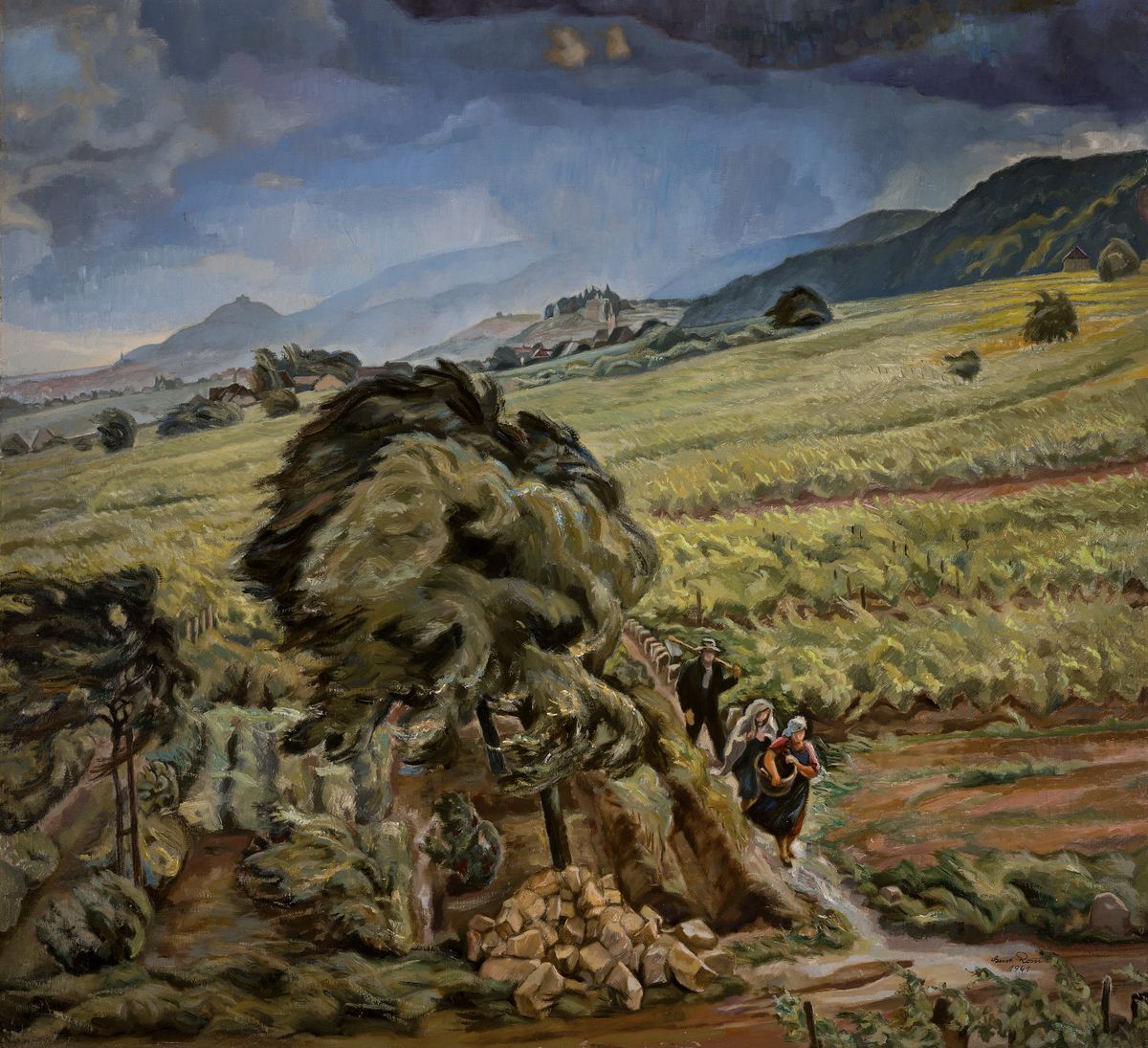Gustav Rossi, 1898 Speyer-1976 Gimmeldingen, Bauern auf der Flucht vom Feld vor dem Gewitter, Öl/Lwd, rechts unten sign. und dat. 1941, ca. ...