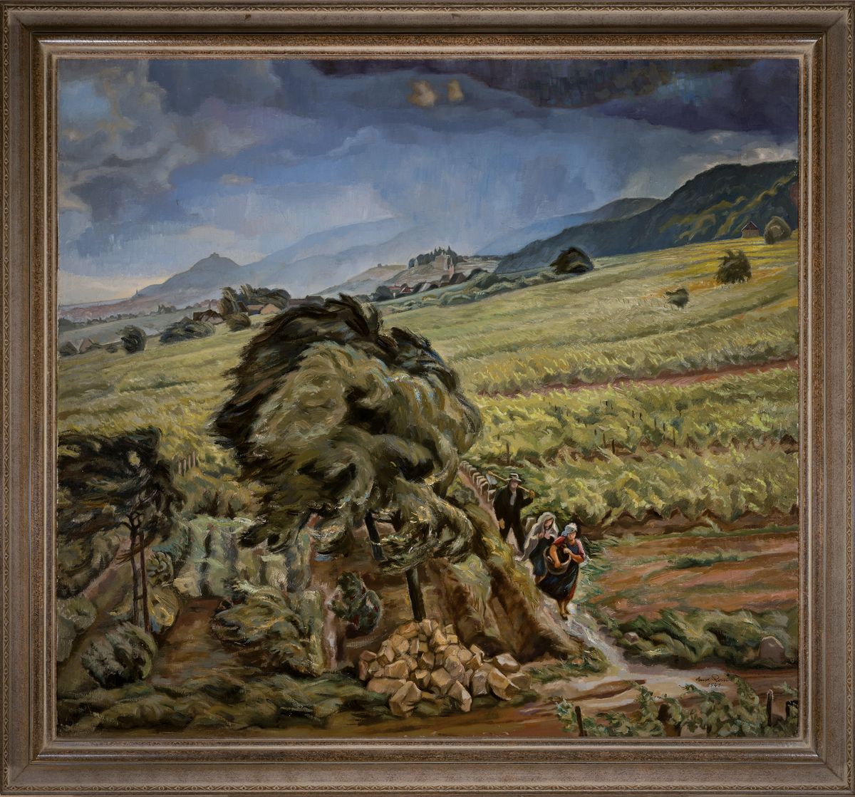 Detail k: Gustav Rossi, 1898 Speyer-1976 Gimmeldingen, Bauern auf der Flucht vom Feld vor dem Gewitter, Öl/Lwd, rechts unten sign. und dat. 1941, ca. ...