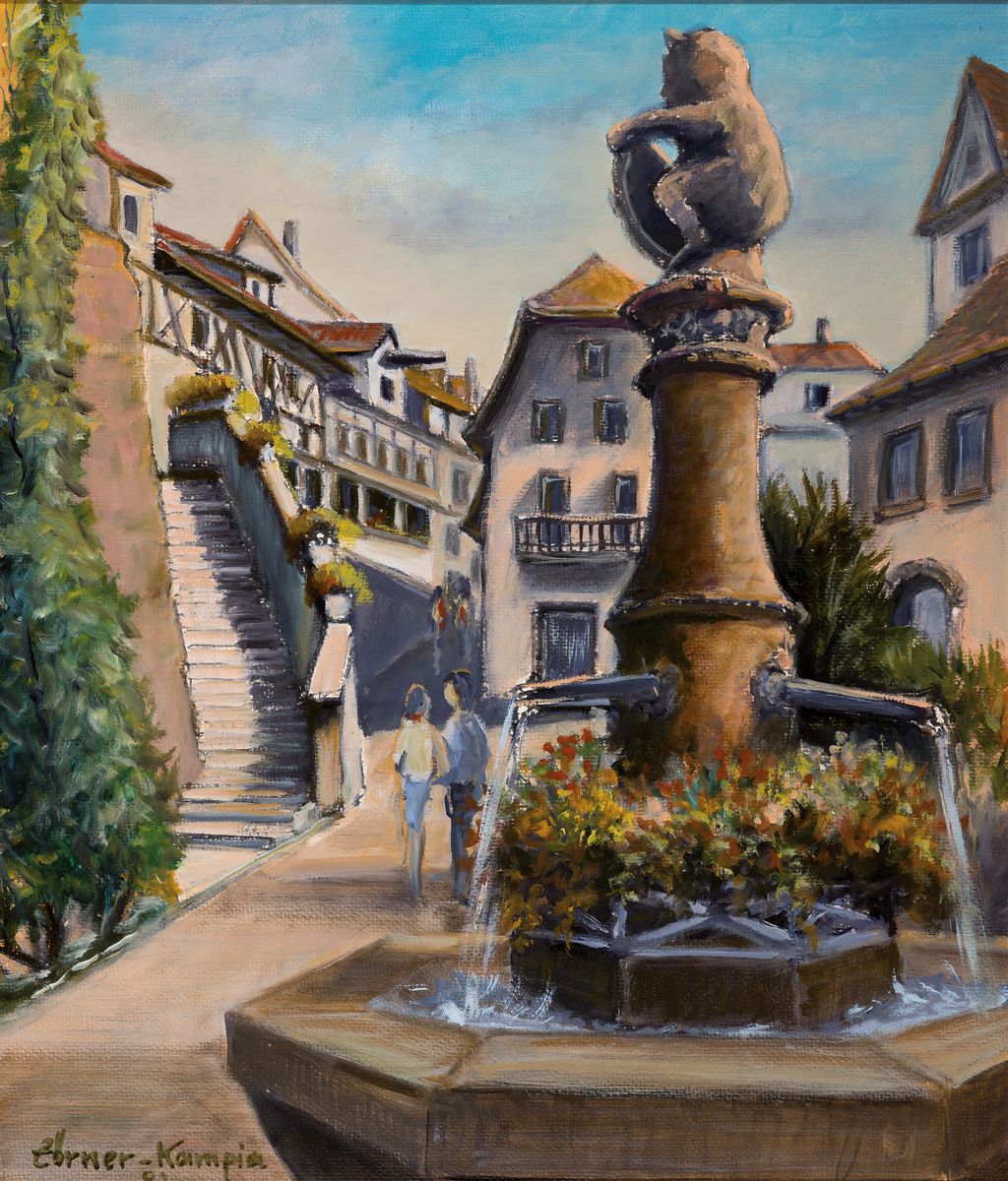 Detail c: Josef Zörner-Kampia, geb. 1925, 3 Arbeiten: Im Hambacher Schloß, Öl/Lwd, sign. und dat. 81, ca. 60x50cm, R. ca. 67x57cm; Gebäude im Park, ...