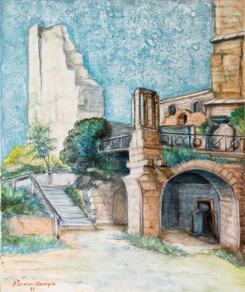 Detail d: Josef Zörner-Kampia, geb. 1925, 3 Arbeiten: Im Hambacher Schloß, Öl/Lwd, sign. und dat. 81, ca. 60x50cm, R. ca. 67x57cm; Gebäude im Park, ...