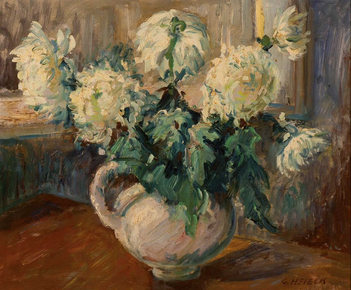 Georg Heieck, 1903 Ludwigshafen-1977 Mannheim, Blumenstillleben, Öl/Malkarton, re. unten sign., ca. 40x48cm, R. ca. 48x56cm