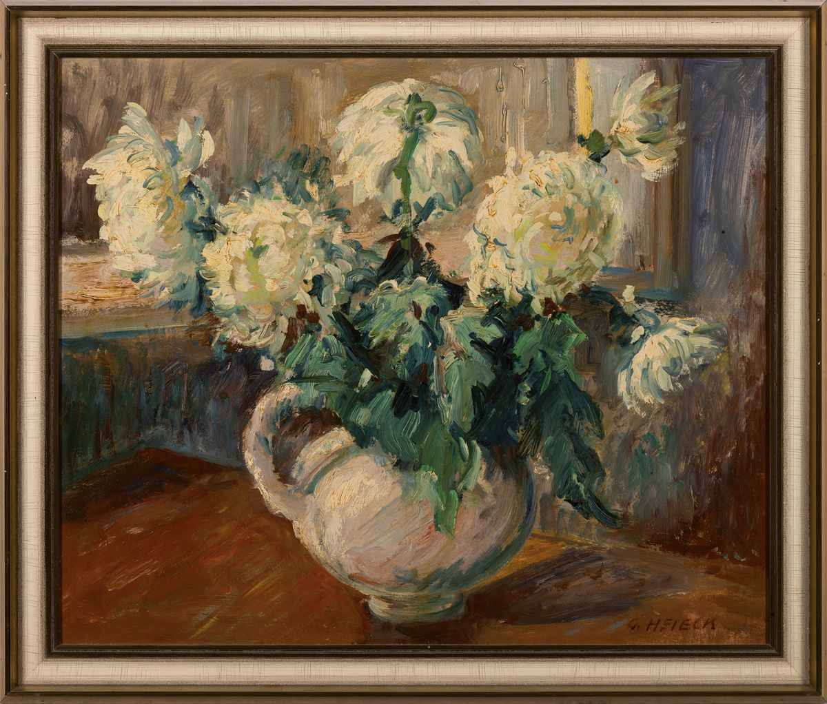 Detail k: Georg Heieck, 1903 Ludwigshafen-1977 Mannheim, Blumenstillleben, Öl/Malkarton, re. unten sign., ca. 40x48cm, R. ca. 48x56cm