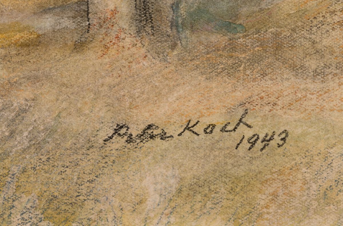 Detail a: Peter Koch, 1874 Deidesheim-1956 Gimmeldingen, Blick auf ein pfälzer Dorf, Buntstift auf Papier, leicht stockfleckig, rechts unten signiert und dat. ...