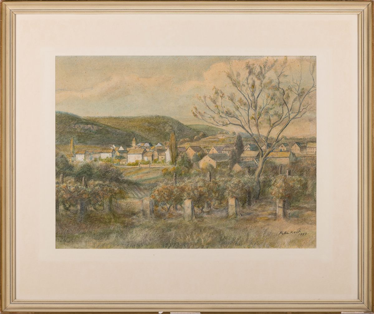 Detail k: Peter Koch, 1874 Deidesheim-1956 Gimmeldingen, Blick auf ein pfälzer Dorf, Buntstift auf Papier, leicht stockfleckig, rechts unten signiert und dat. ...