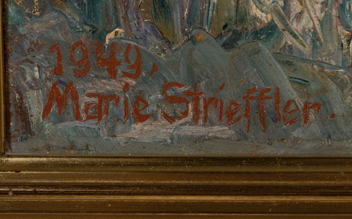 Detail a: Marie Strieffler, 1917-1987 Landau, Pferd und Reiter, Öl/Lwd, links unten sign. und dat. 1949, ca. 57x65cm, R. ca. 55x72cm