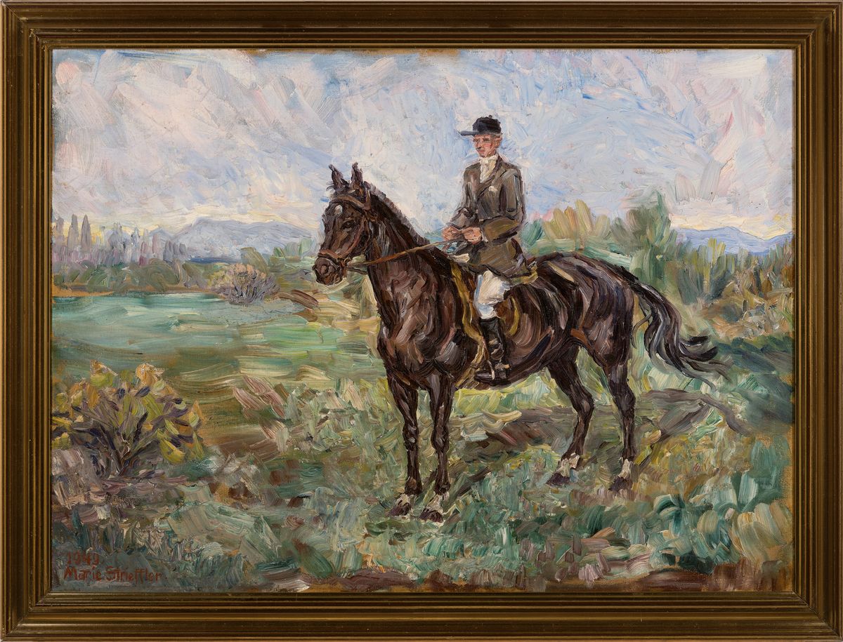 Detail k: Marie Strieffler, 1917-1987 Landau, Pferd und Reiter, Öl/Lwd, links unten sign. und dat. 1949, ca. 57x65cm, R. ca. 55x72cm