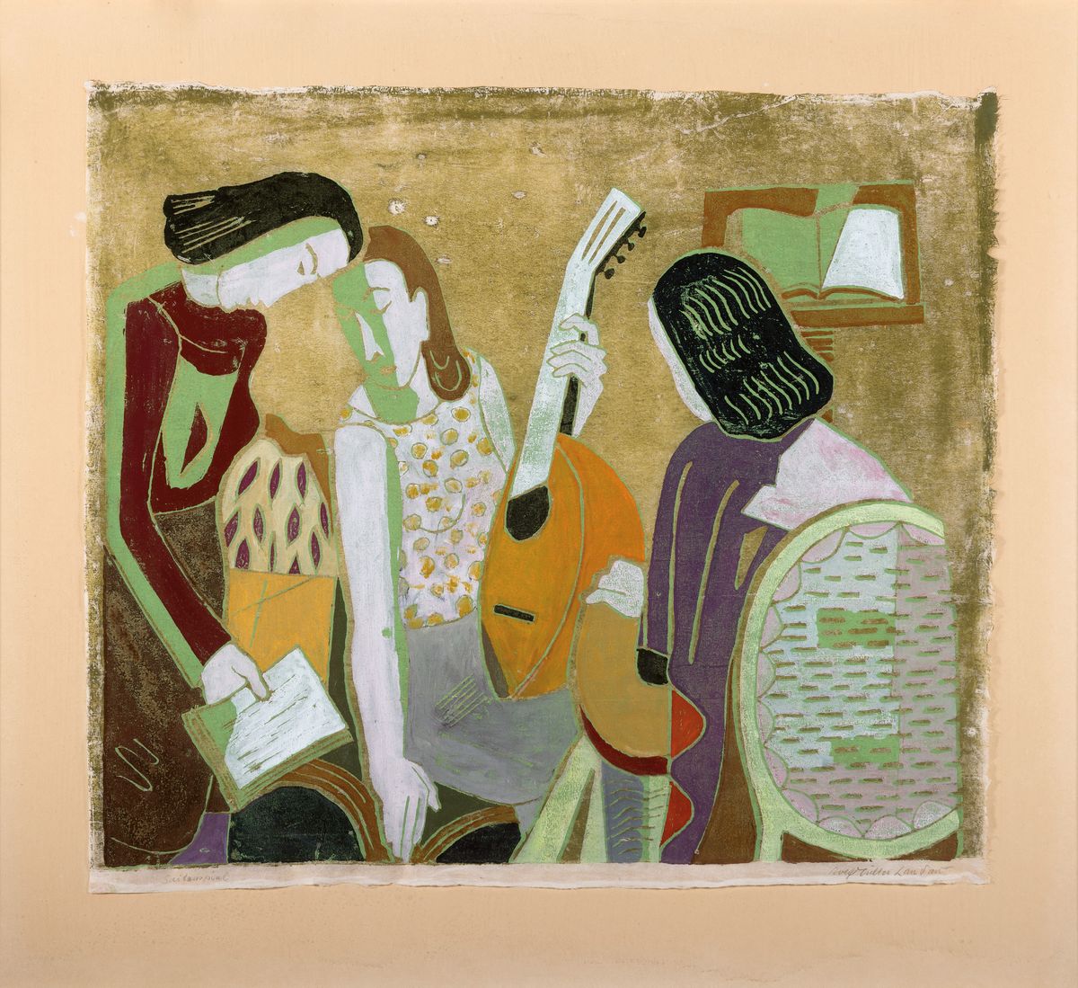 Rolf Müller-Landau, 1903-1956 Landau, Saitenspiel, Monotypie, links unten betitelt, rechts unten sign., ca. 47x53cm, u.Gl., R. ca.63x69cm