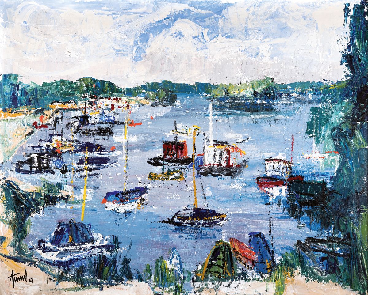 Georg Günther Zeuner, 1923 Dresden-2011 Speyer, Schiffe auf einem See, Öl/Lwd, links unten signiert und dat. 67, ca. 80x100cm, R. ca. 91x111cm