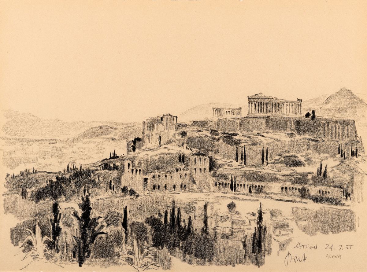 Karl Graf, 1902-1986 Speyer, 2 Zeichnungen: 1x Athen abends, dat. 24.7.55, sign., ca. 28x38cm, PP, u.Gl. R. ca. 41x51cm; 1x Corcula, sign. und ...