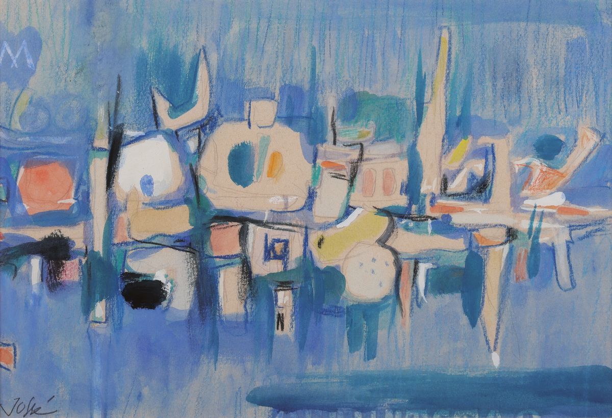Friedrich Jossé, 1897 Wolfstein/Pfalz-1994 Speyer, abstrakte Komposition, Gouache auf Papier, li. u. sign., ca. 24x35cm, PP, u.Gl., R. ca. 45x55cm