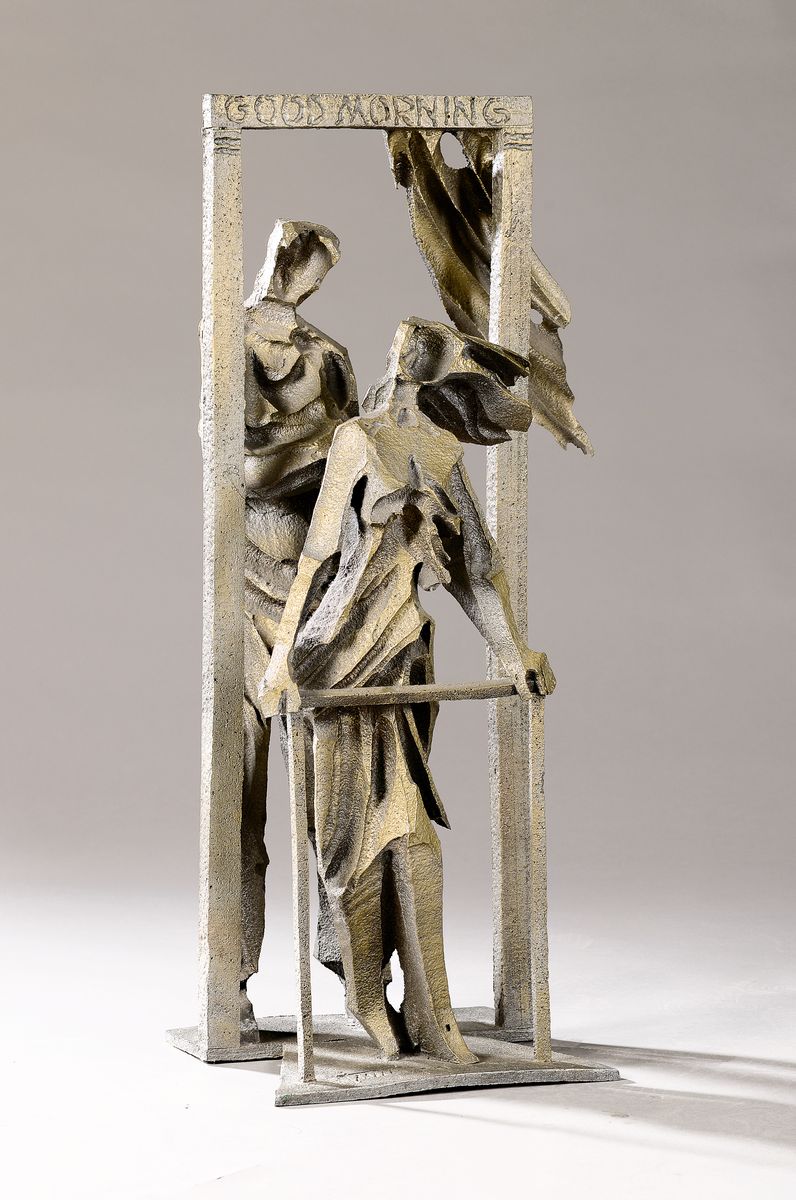 Georg Günther Zeuner, 1923 Dresden-2011 Speyer, Good Morning, große Aluminiumplastik mit zwei stilisierten Personen an Fenster und Balkon, signiert ...