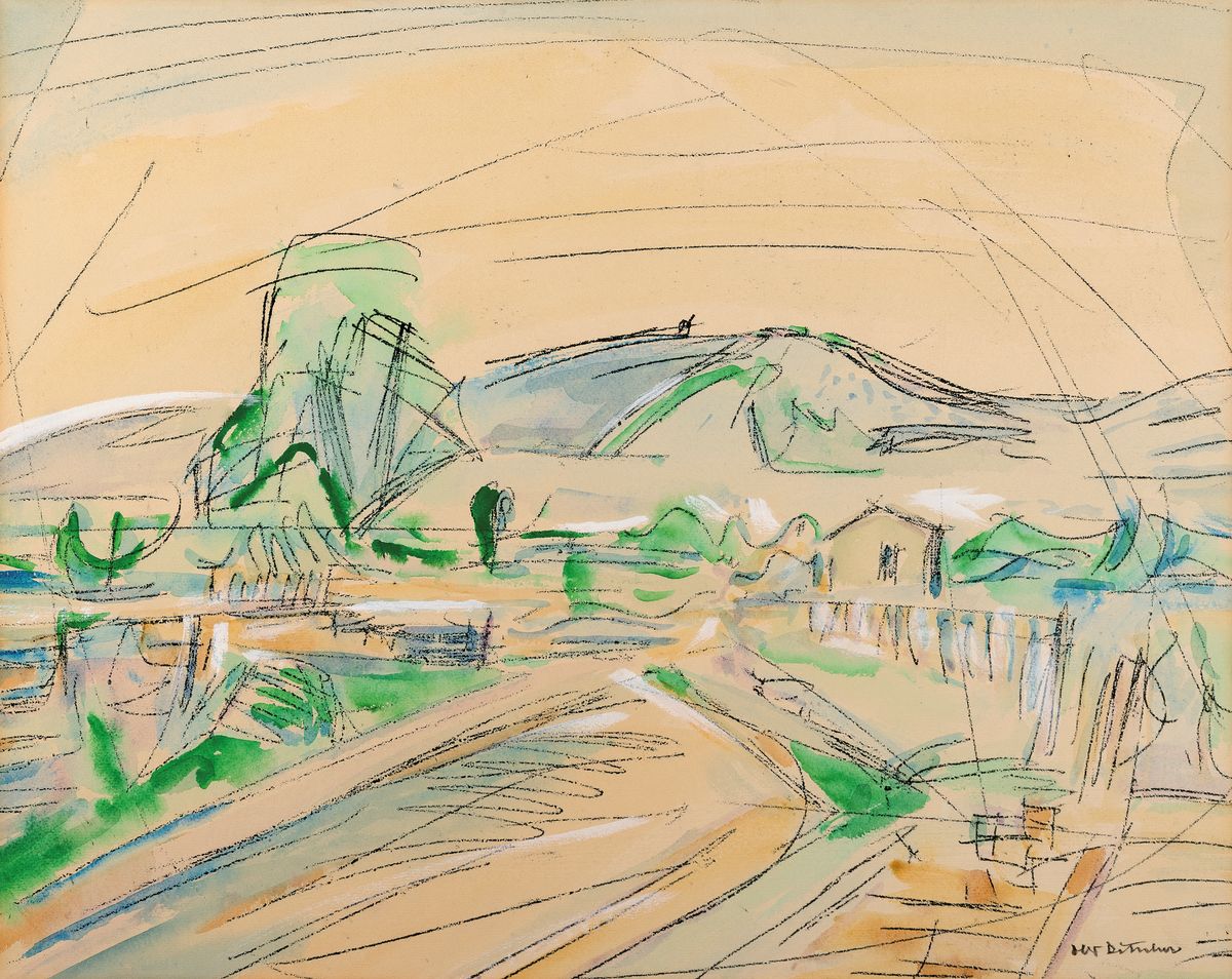 Otto Ditscher, 1903-1987 Neuhofen, Landschaft, Aquarell über Kohle, rechts unten sign., ca. 42x54cm, PP, u.Gl., R. ca. 61x71cm