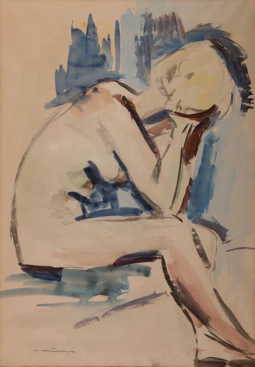 Karl Hufnagel, 1906 Harthausen-1995 Speyer, 2 Aquarelle: sitzender weiblicher Akt mit in die Hände gestütztem Kopf, sign., ca. 56x39cm, gebräunt, ...