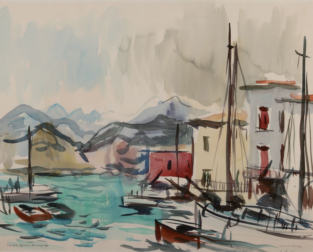 Detail a: Karl Hufnagel, 1906 Harthausen-1995 Speyer, 2 Aquarelle: sitzender weiblicher Akt mit in die Hände gestütztem Kopf, sign., ca. 56x39cm, gebräunt, ...