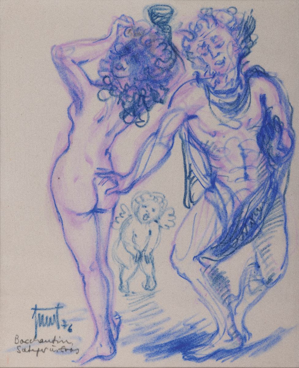 Georg Günther Zeuner, 1923 Dresden-2011 Speyer, Bacchantin, Satyr und Eros, Pastellkreide auf grauem Papier, sign., dat. 76 und betitelt, ca. ...
