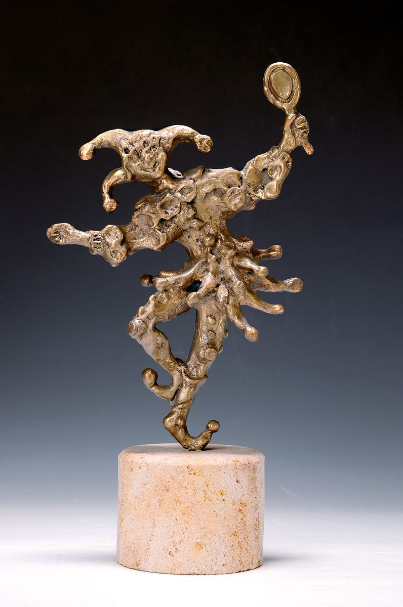 Georg Günther Zeuner, 1923 Dresden-2011 Speyer, Till Eulenspiegel, Bronzeskulptur, H. ca. 28cm, Sandsteinsockel, Gesamth. ca. 36cm