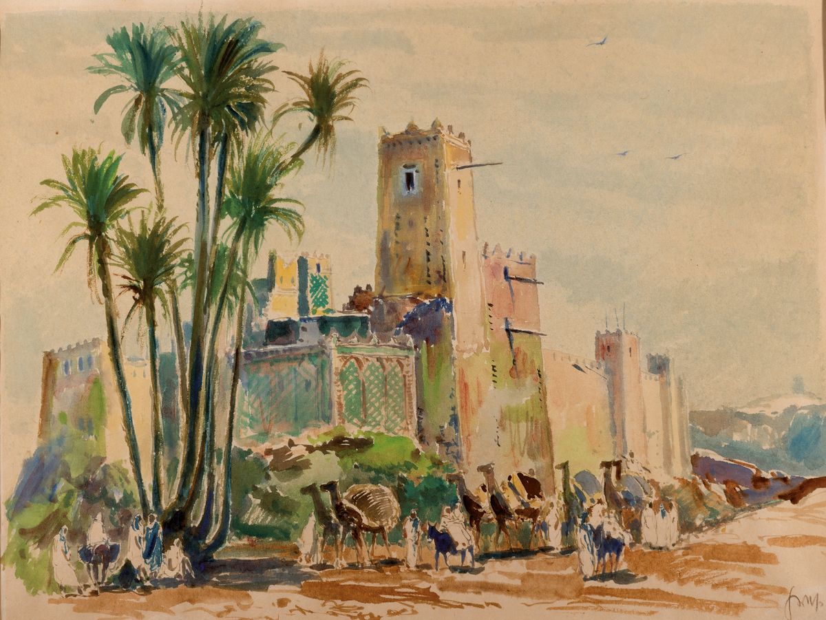 Karl Graf, 1902-1986 Speyer, Kasbah im hohen Atlas-Maroc, rückseitig so betitelt und mit Widmung versehen, Aquarell auf Papier, von 1975, ca. ...