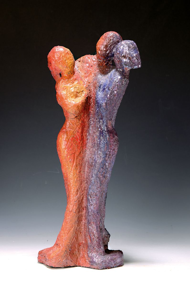 Georg Günther Zeuner, 1923 Dresden-2011 Speyer, drei Grazien, Keramikskulptur, orangerot und violett glasiert, H. ca. 40cm