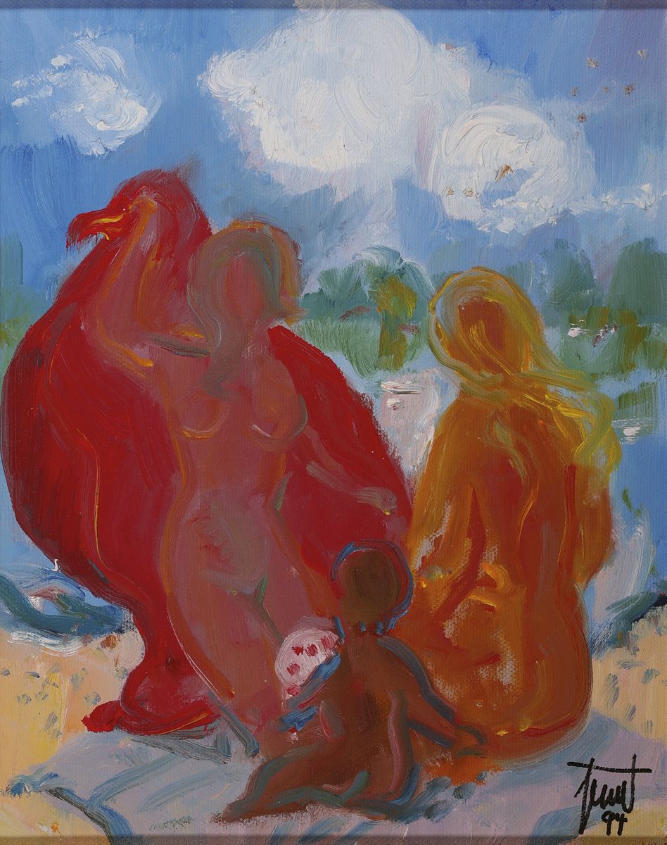 Georg Günther Zeuner, 1923 Dresden-2011 Speyer, Badende, Öl/Lwd, rückseitig betitelt und dat. 1994, rechts unten sign., ca. 30x24cm, R. ca. 40x34cm