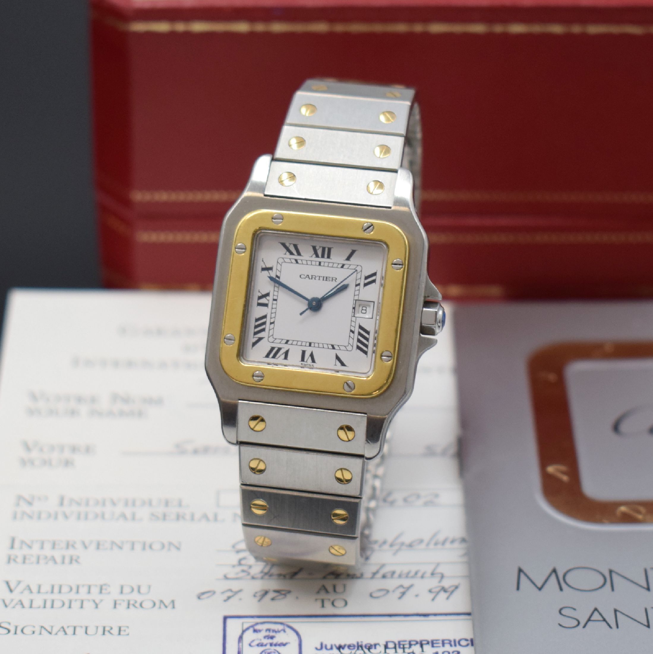 CARTIER Santos Herrenarmbanduhr, Schweiz um 1985, Automatik, Edelstahl/Gold kombiniert inkl. Gliederband m. Faltschl., Monocoque- Geh., Lünette ...