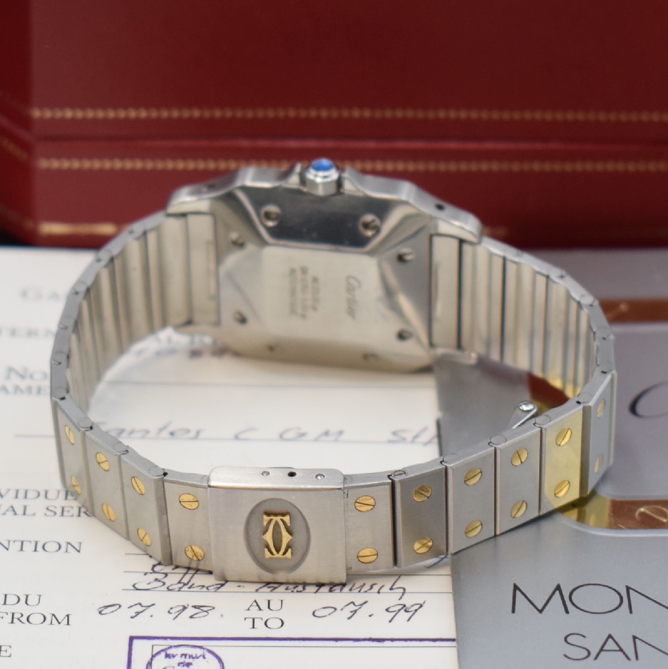 Detail b: CARTIER Santos Herrenarmbanduhr, Schweiz um 1985, Automatik, Edelstahl/Gold kombiniert inkl. Gliederband m. Faltschl., Monocoque- Geh., Lünette ...