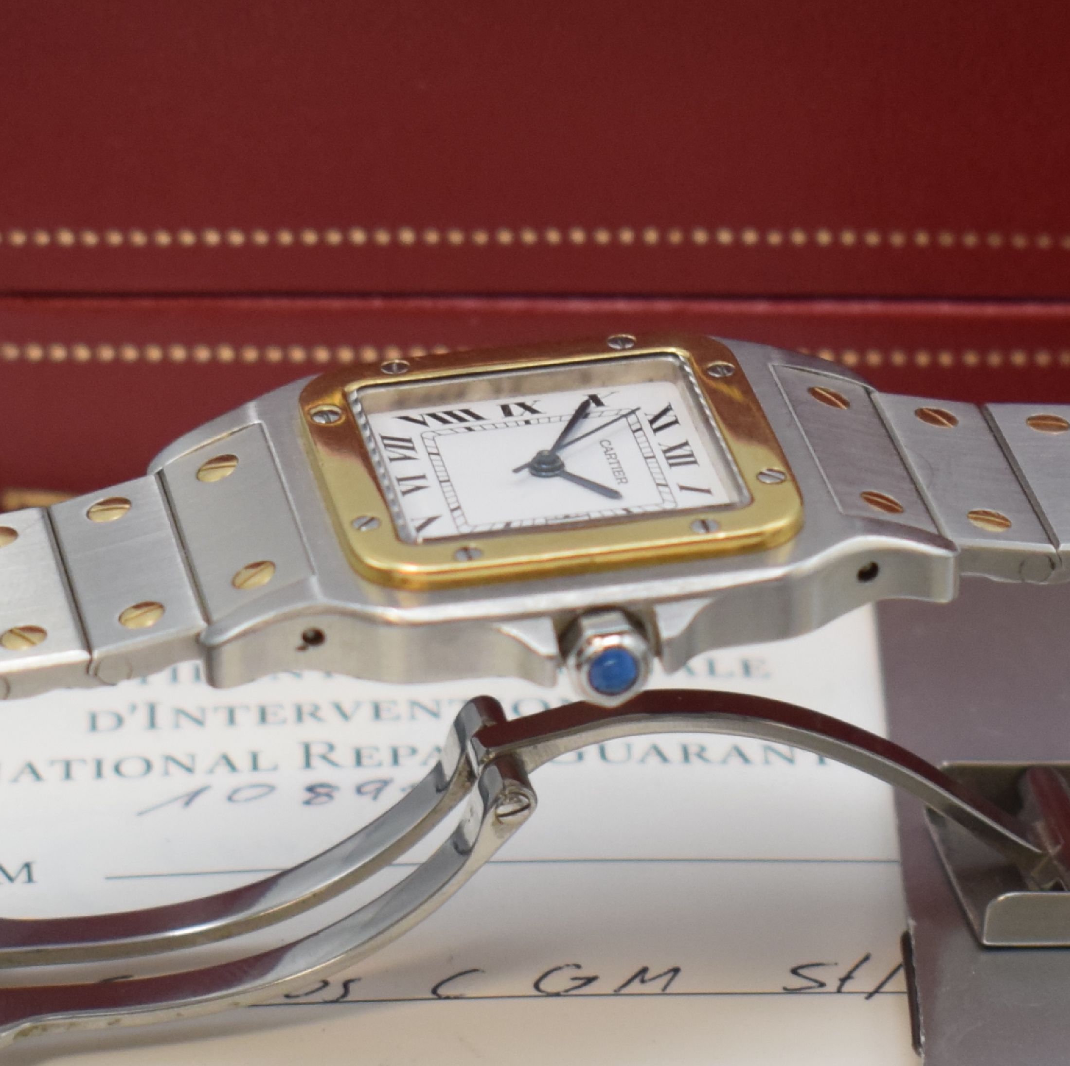 Detail c: CARTIER Santos Herrenarmbanduhr, Schweiz um 1985, Automatik, Edelstahl/Gold kombiniert inkl. Gliederband m. Faltschl., Monocoque- Geh., Lünette ...