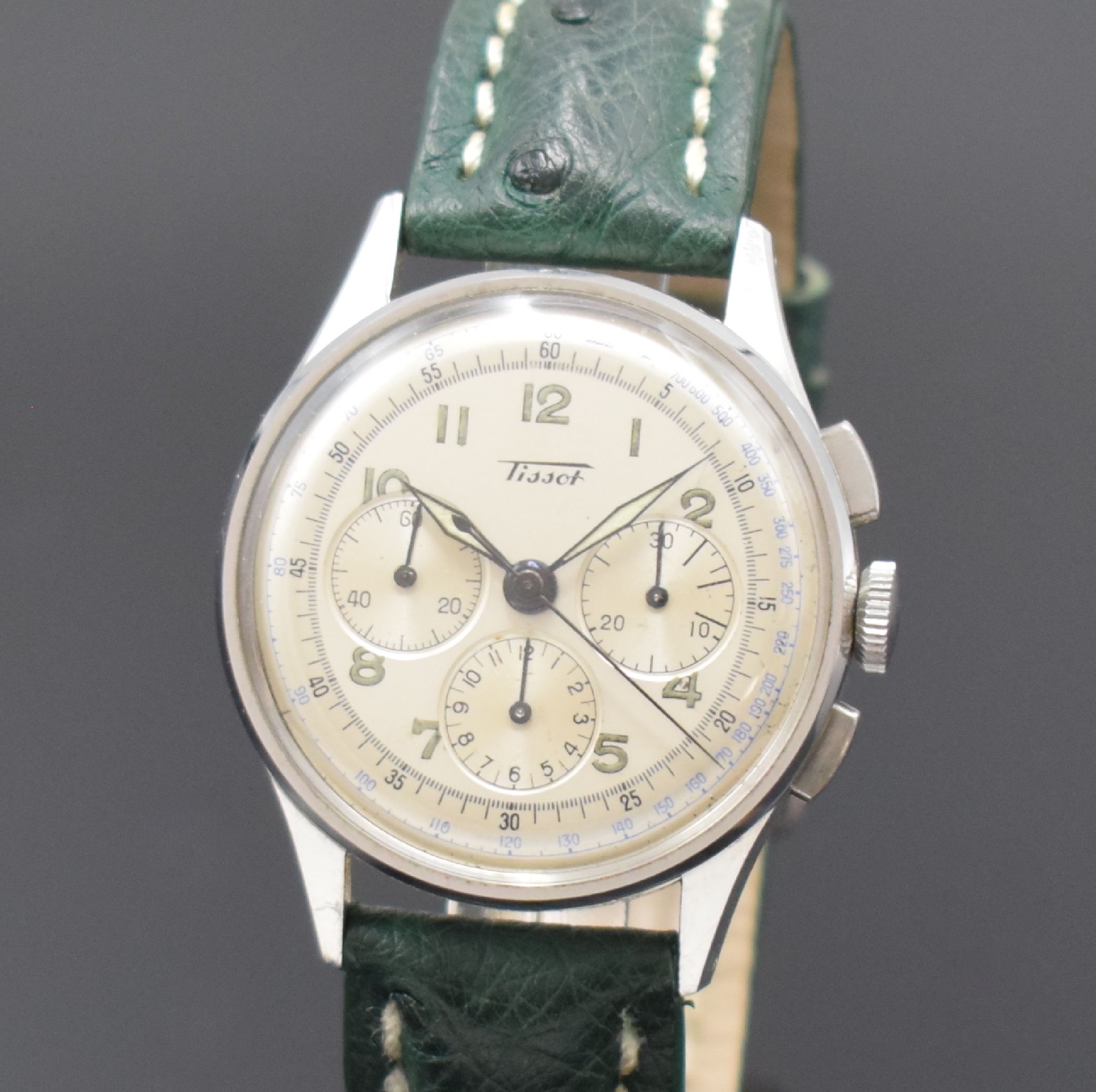 Detail a: TISSOT Herrenarmbanduhr mit Schaltradchronograph Referenz 6215-4 in Stahl mit Kaliber 27-41H, Schweiz um 1950, Handaufzug, 3-teil. Geh., Boden u. ...