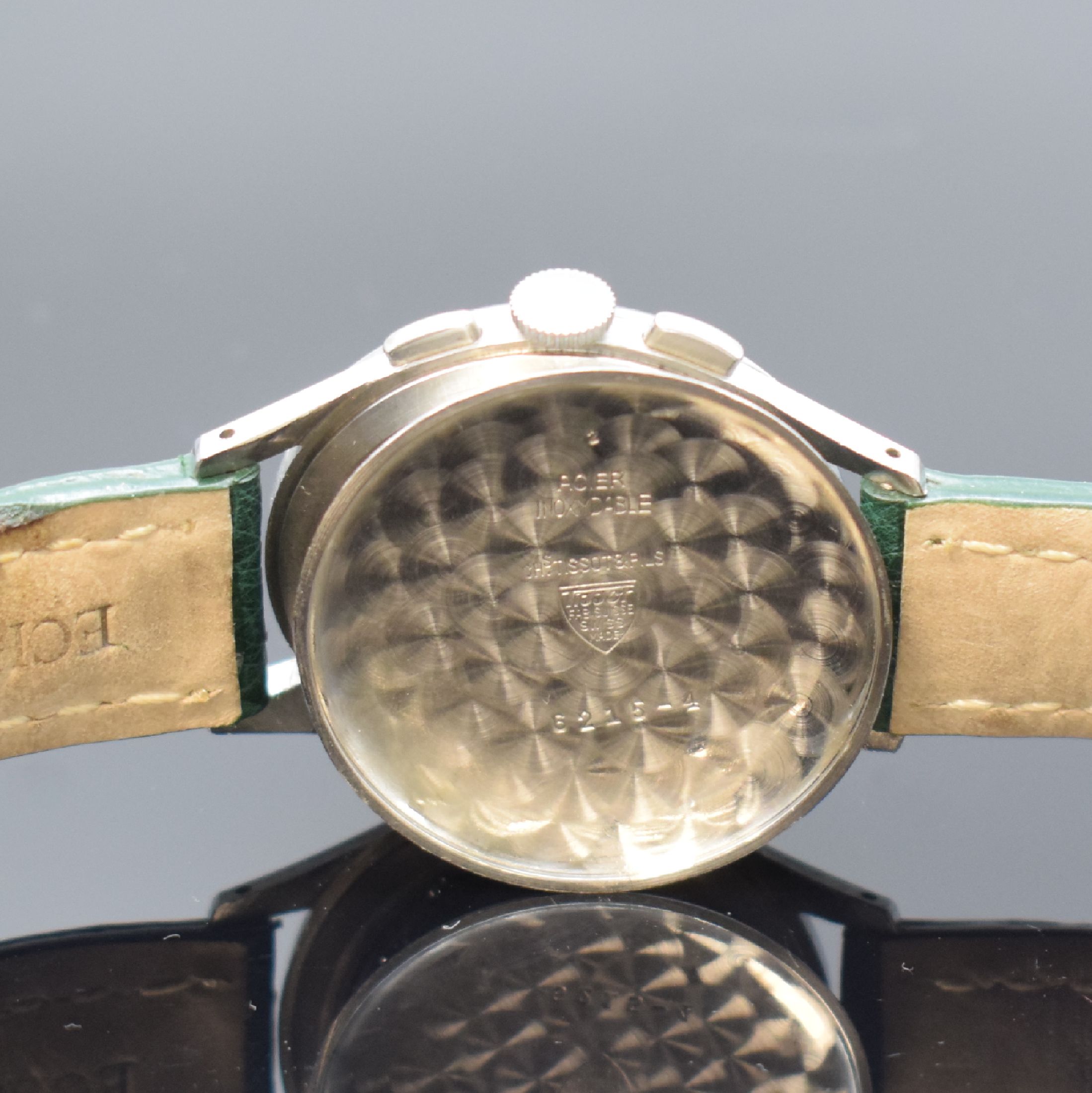 Detail e: TISSOT Herrenarmbanduhr mit Schaltradchronograph Referenz 6215-4 in Stahl mit Kaliber 27-41H, Schweiz um 1950, Handaufzug, 3-teil. Geh., Boden u. ...