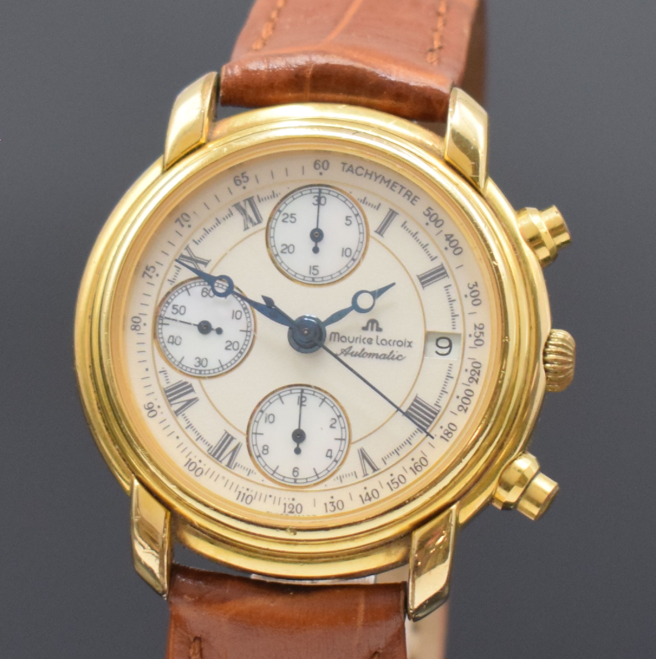Detail a: MAURICE LACROIX Armbandchronograph, Schweiz um 2000, Automatik, Ref. 03274, verg. Gehäuse, Edelstahlboden aufgedr., orig. Lederband m. verg. orig. ...