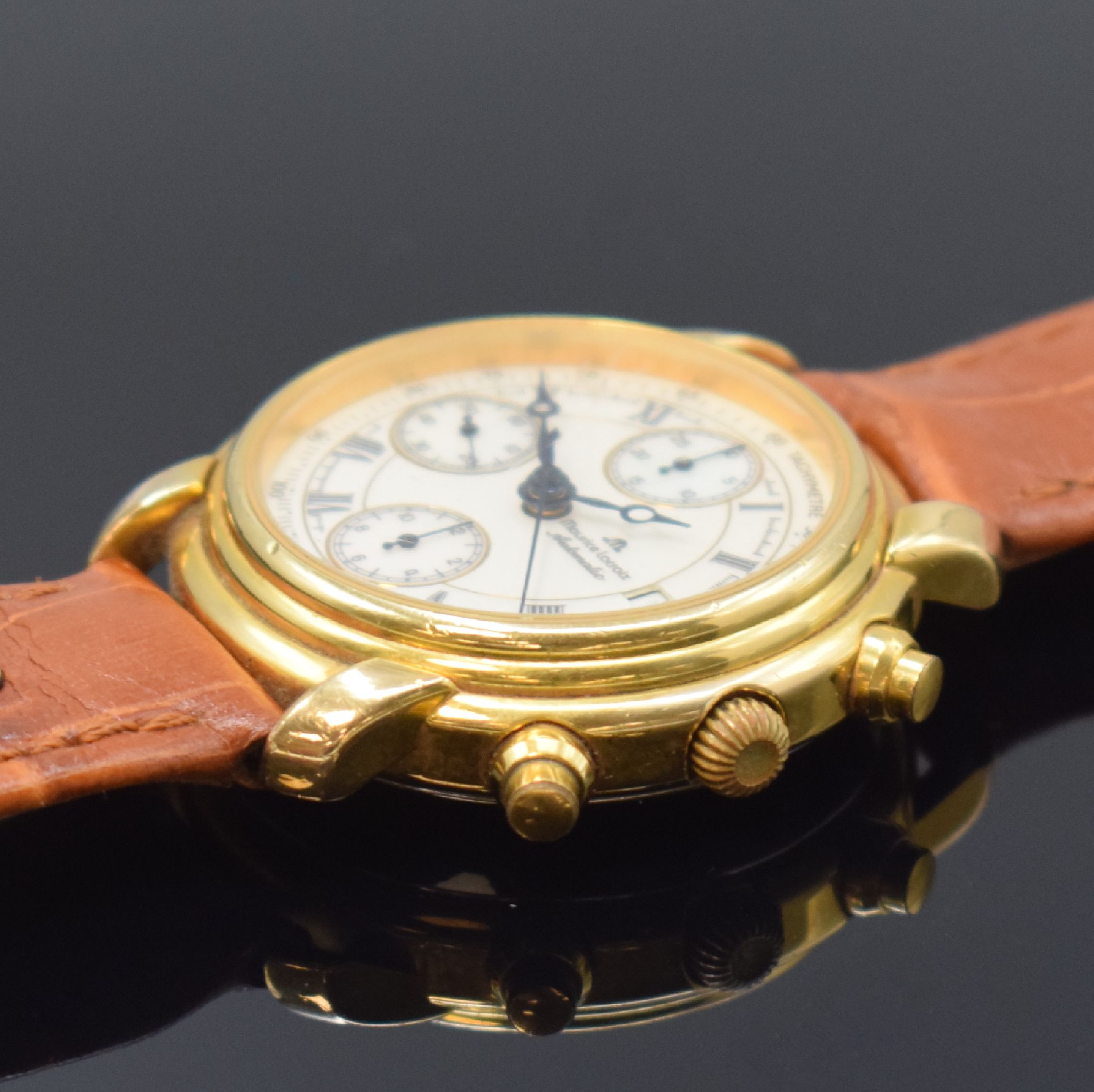 Detail b: MAURICE LACROIX Armbandchronograph, Schweiz um 2000, Automatik, Ref. 03274, verg. Gehäuse, Edelstahlboden aufgedr., orig. Lederband m. verg. orig. ...