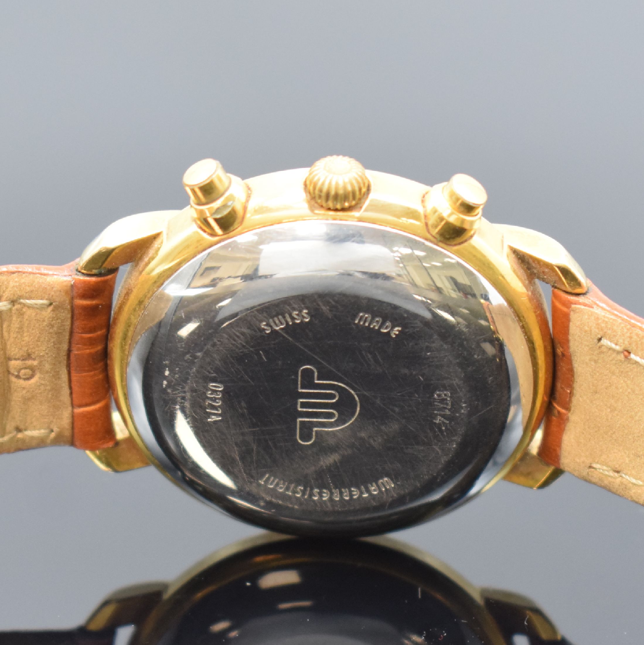 Detail c: MAURICE LACROIX Armbandchronograph, Schweiz um 2000, Automatik, Ref. 03274, verg. Gehäuse, Edelstahlboden aufgedr., orig. Lederband m. verg. orig. ...