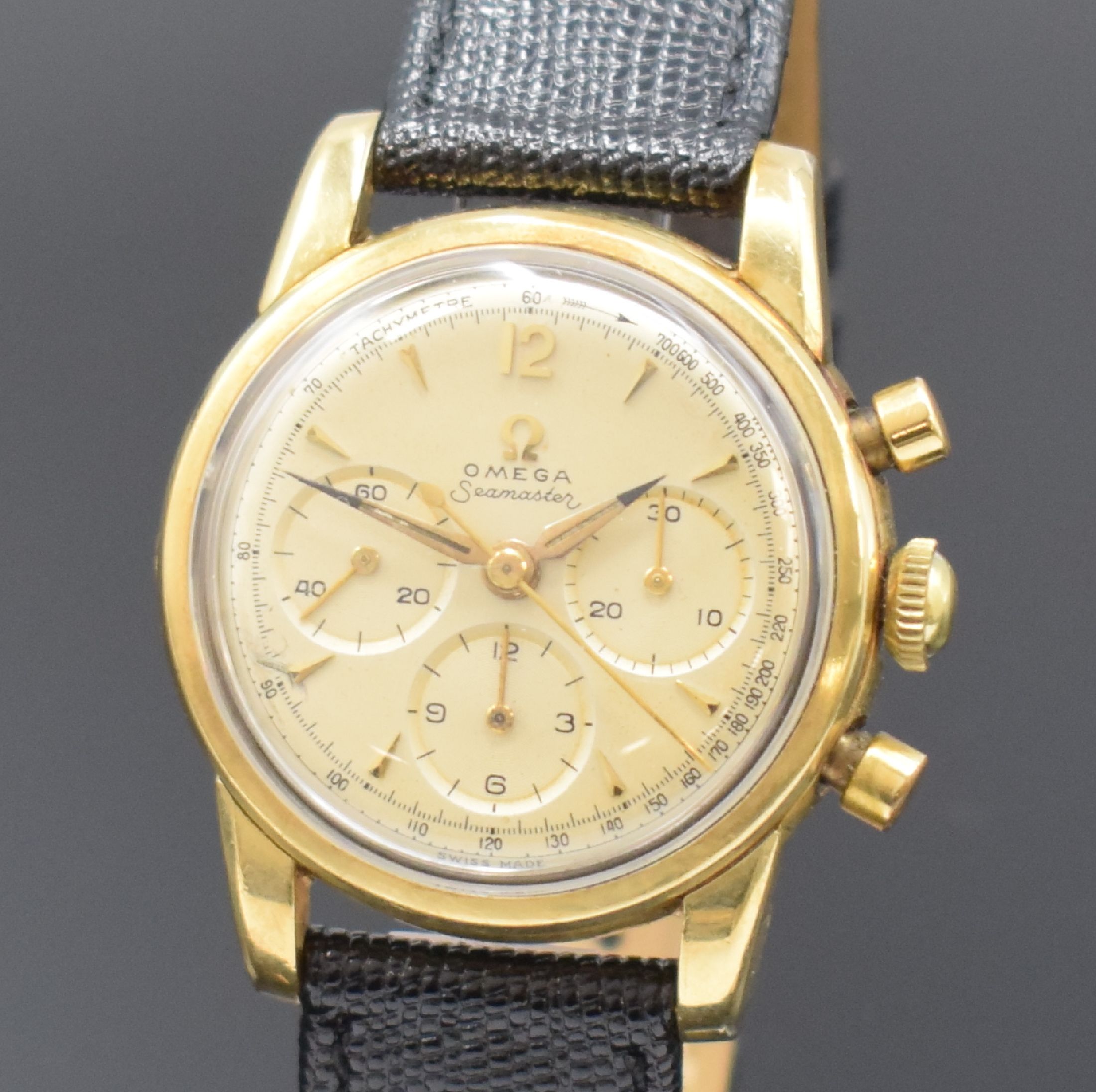 Detail a: OMEGA Seamaster Armbandchronograph Referenz KO 2907 mit Kaliber 321, Schweiz um 1958, Handaufzug, Stahlgehäuse m. Gold-Kappe, Stahlboden aufgedr., ...