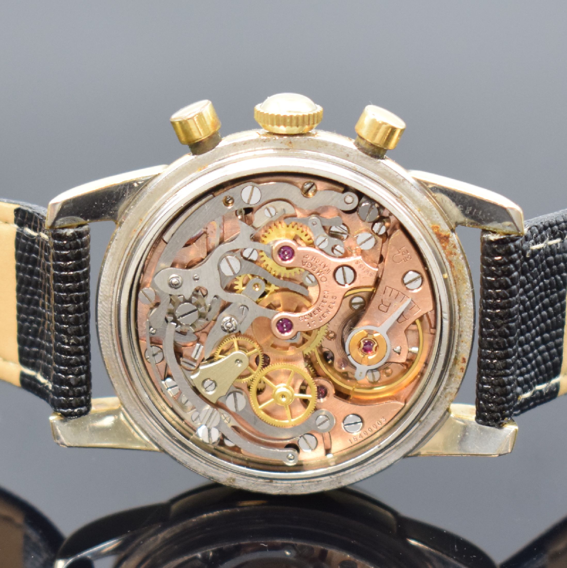 Detail d: OMEGA Seamaster Armbandchronograph Referenz KO 2907 mit Kaliber 321, Schweiz um 1958, Handaufzug, Stahlgehäuse m. Gold-Kappe, Stahlboden aufgedr., ...