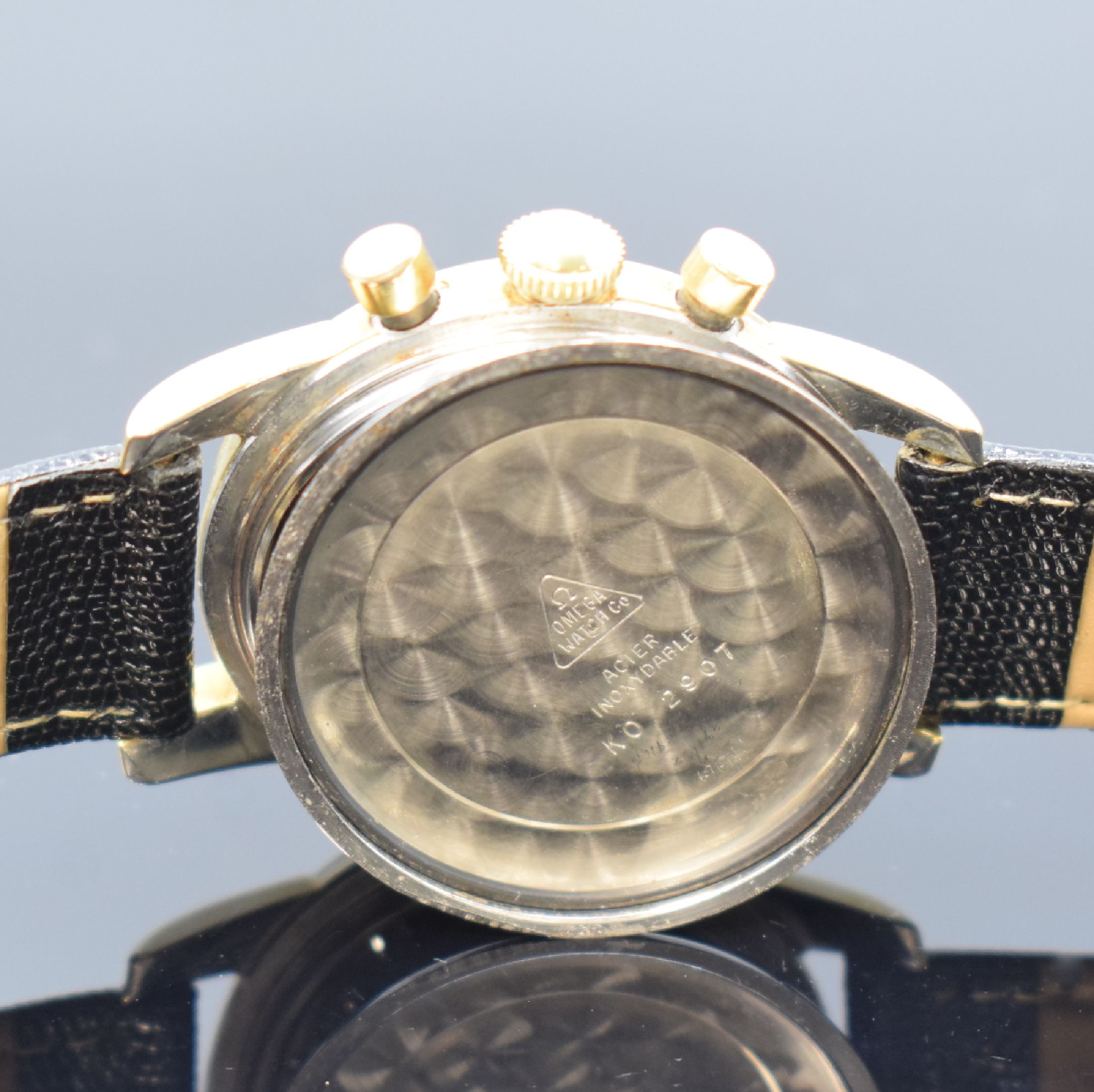 Detail e: OMEGA Seamaster Armbandchronograph Referenz KO 2907 mit Kaliber 321, Schweiz um 1958, Handaufzug, Stahlgehäuse m. Gold-Kappe, Stahlboden aufgedr., ...