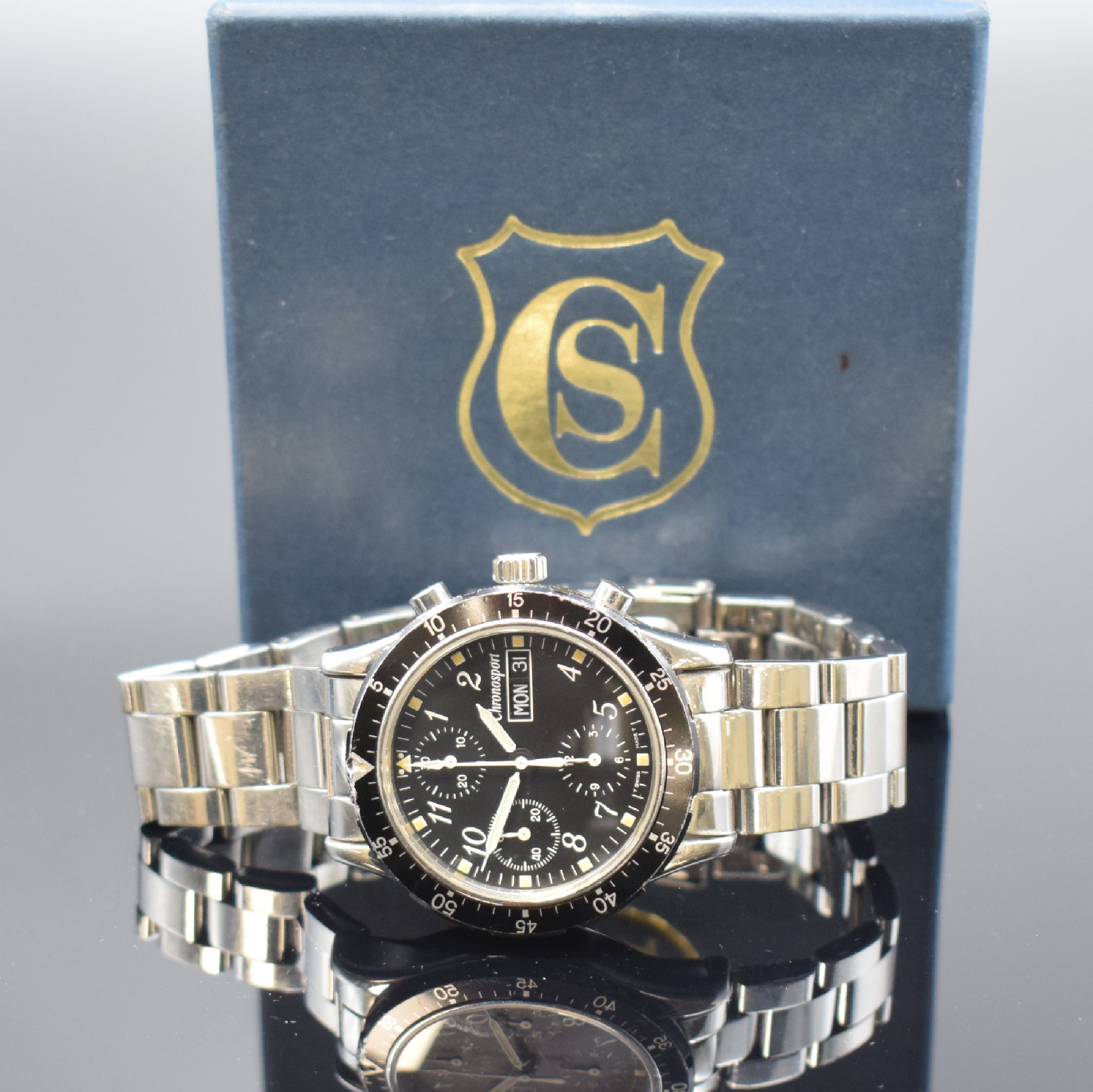Detail f: CHRONOSPORT Armbandchronograph Referenz 20.5- 02, Automatik, beids. verg. Edelstahlgeh. inkl. neutr. Gliederband m. Faltschl., Boden und Krone ...