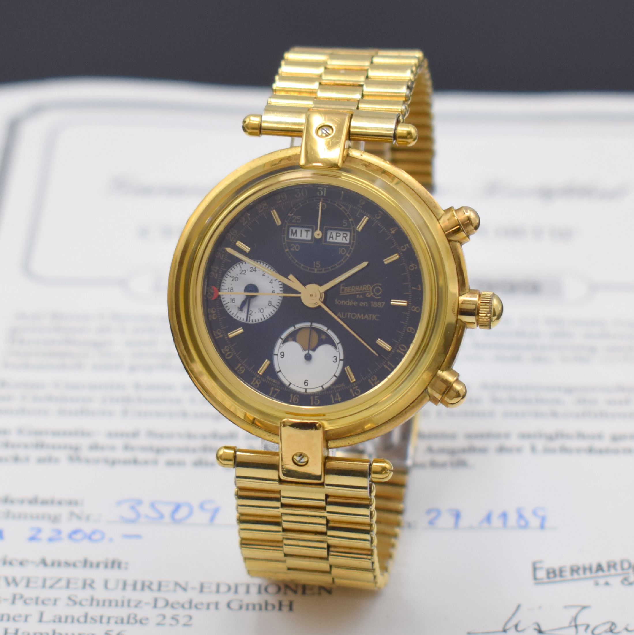 EBERHARD & CO auf 999 Stück limitierter Armbandchronograph Edition Hommage A. L. Perrelet, Automatik, verg. Geh. inkl. Gliederband m. Faltschl., ...