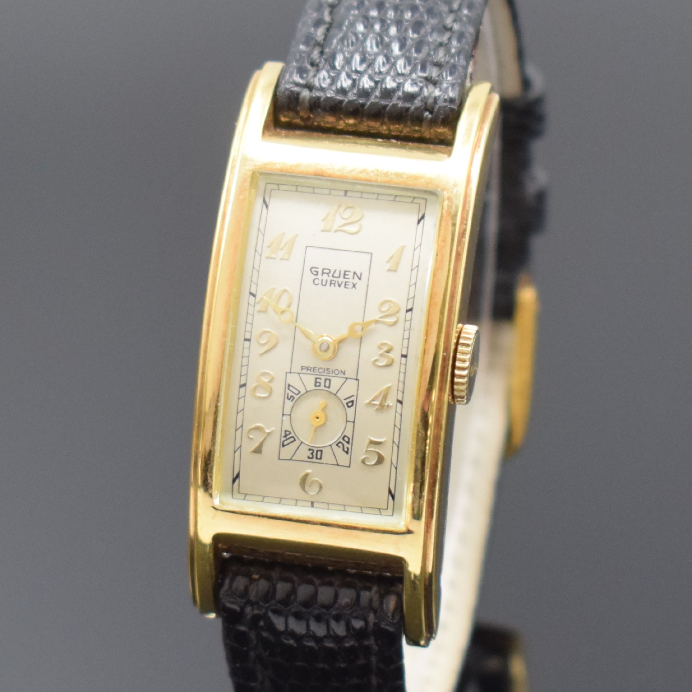 Detail a: GRUEN Curvex Precision Armbanduhr, Handaufzug, Schweiz für USA 1940er Jahre, 2- teil. 10k Gold Filled Geh., Boden aufgedr., orig. Krone, silb. ...
