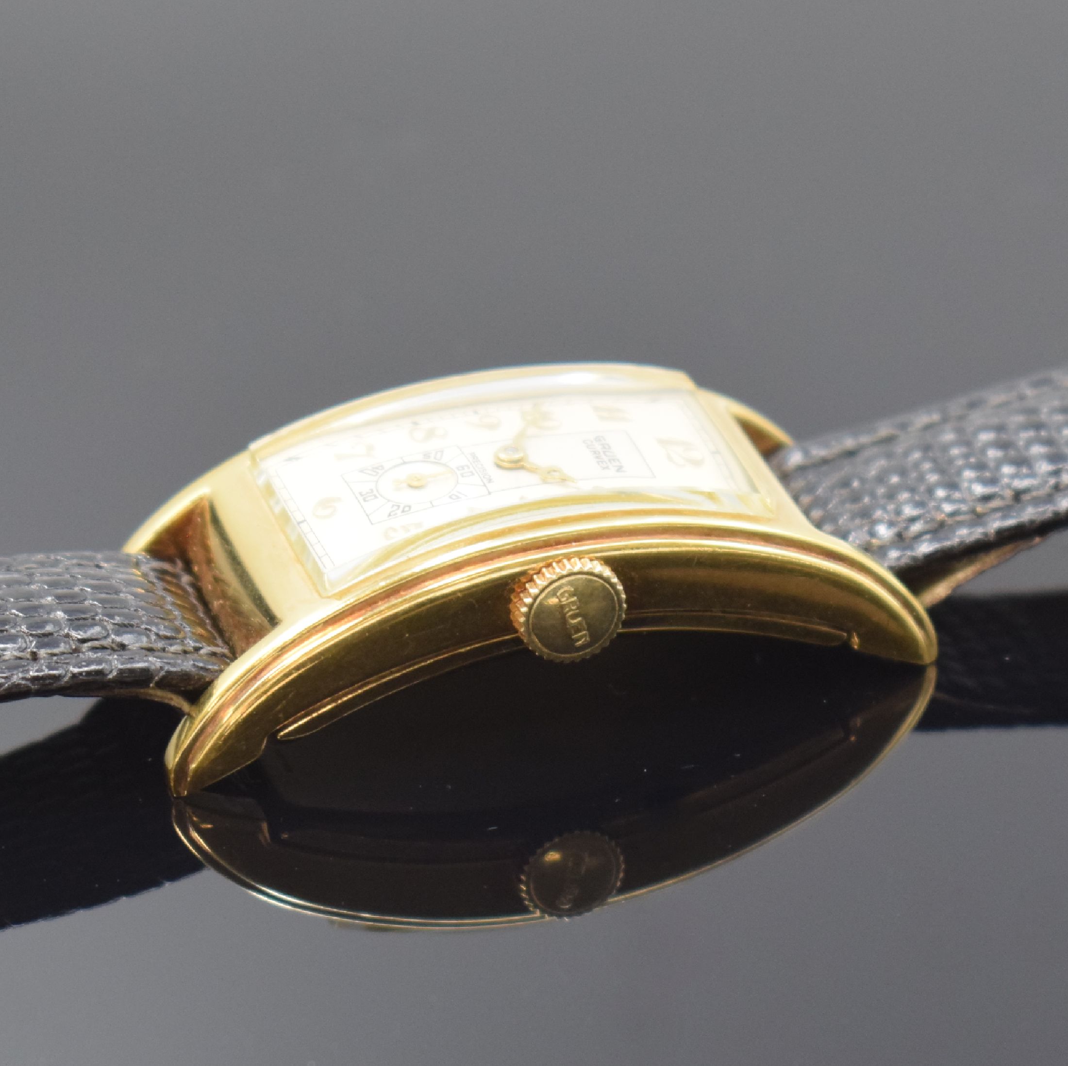 Detail b: GRUEN Curvex Precision Armbanduhr, Handaufzug, Schweiz für USA 1940er Jahre, 2- teil. 10k Gold Filled Geh., Boden aufgedr., orig. Krone, silb. ...